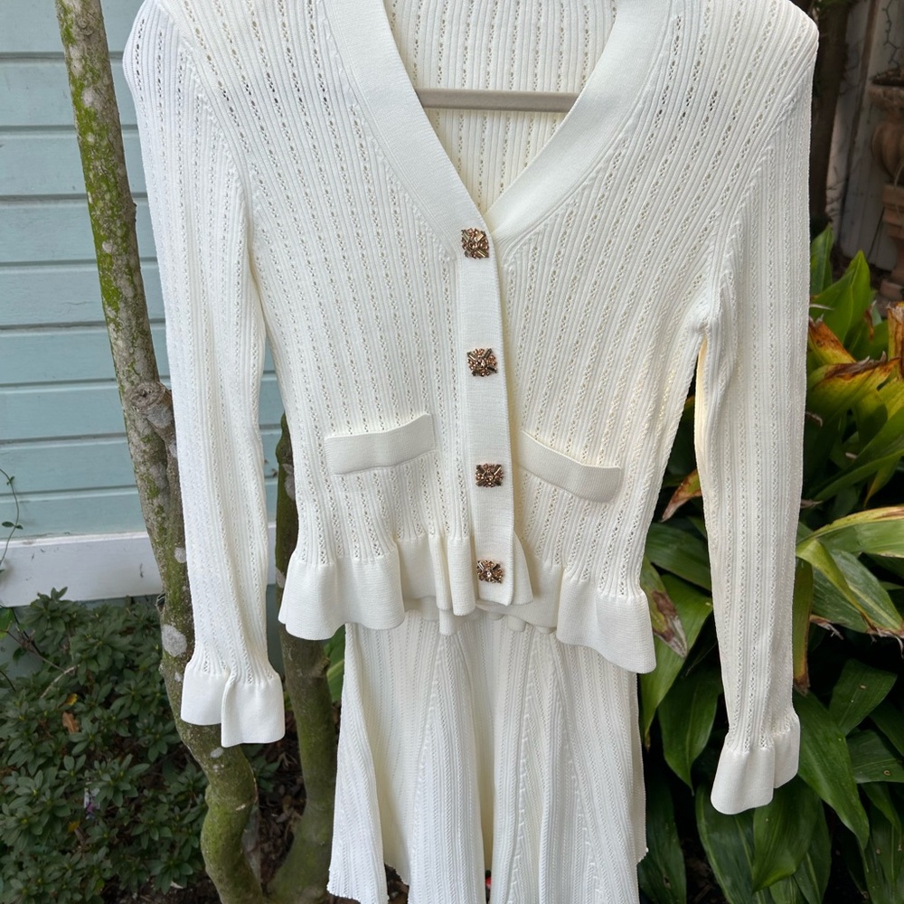 Elegant White Knit Cardigan and Skirt Set